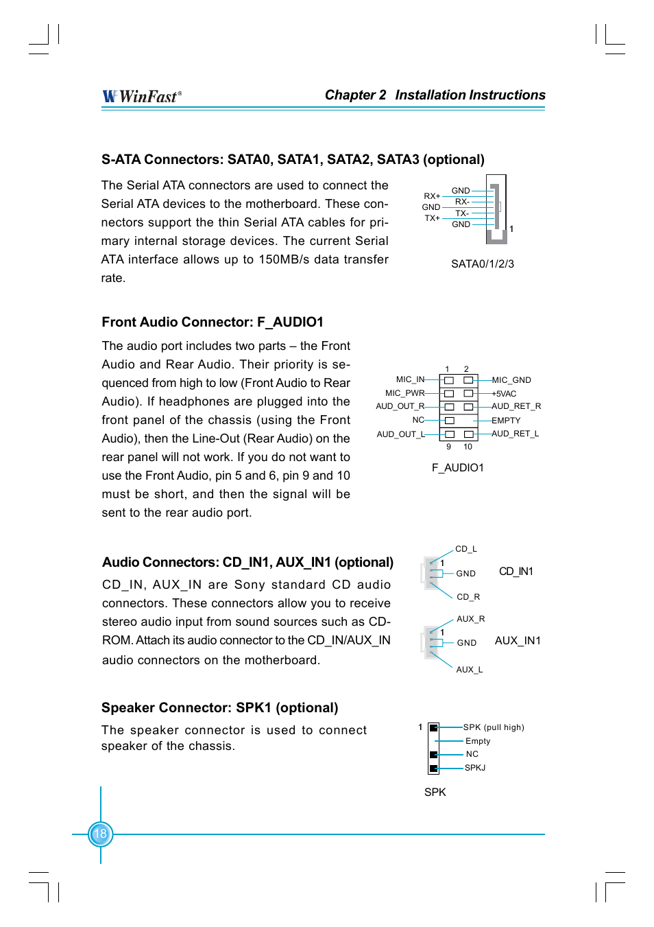 Chapter 2 installation instructions, Front audio connector: f_audio1, Speaker connector: spk1 (optional) | Audio connectors: cd_in1, aux_in1 (optional) | Foxconn NF4K8AC-RS User Manual | Page 25 / 68
