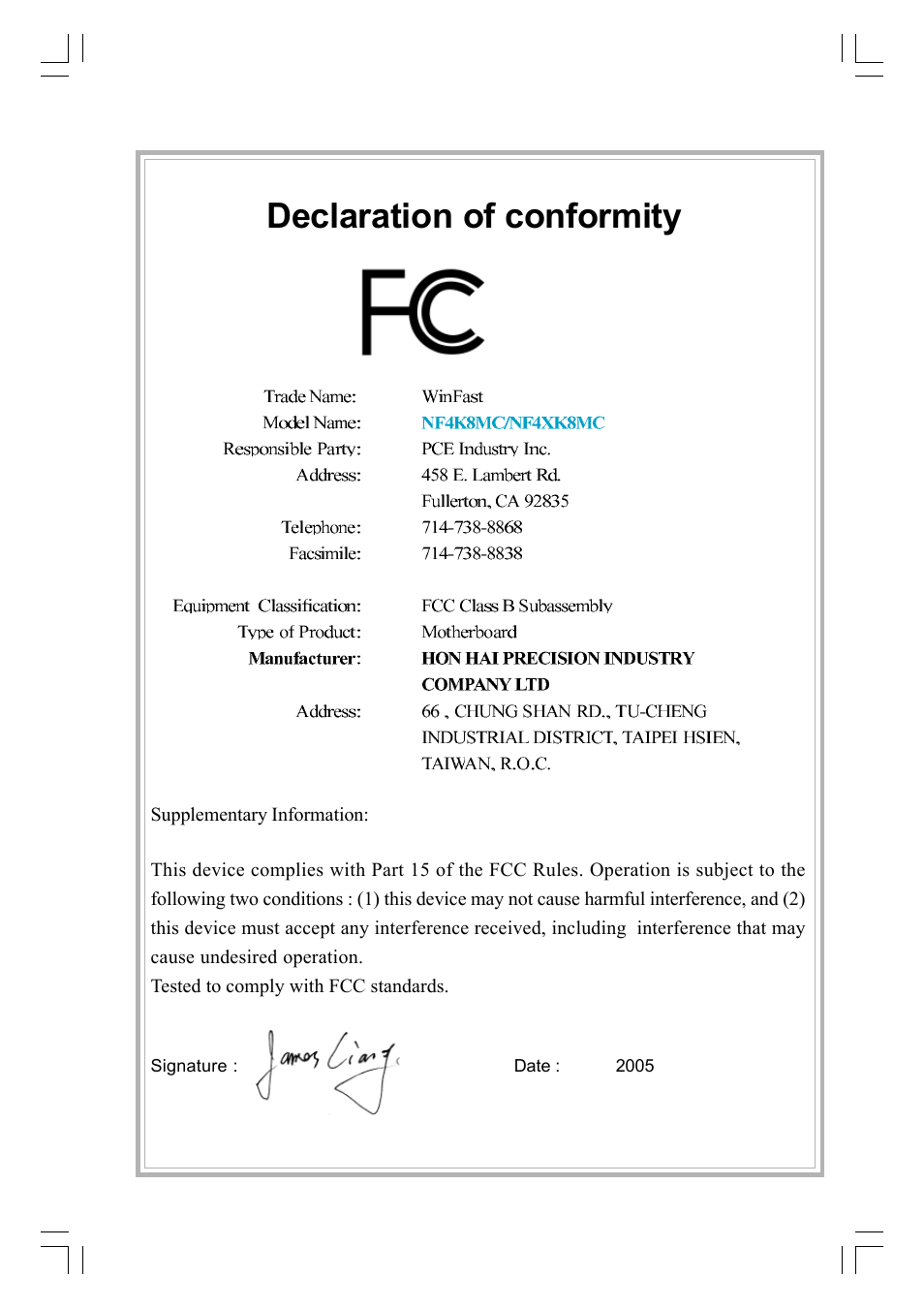 Declaration of conformity | Foxconn NF4K8AC-RS User Manual | Page 3 / 68
