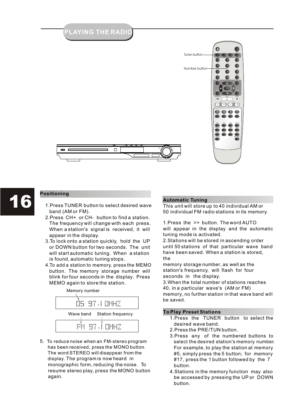 Т³гж 16, Playing the radio, No further station in that wave band will be saved | Curtis DVD6019-B User Manual | Page 16 / 31