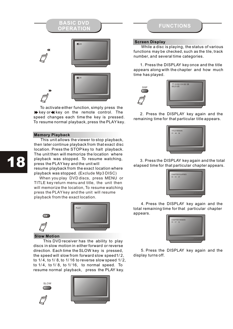 Т³гж 18, Basic dvd operation functions | Curtis DVD6019-B User Manual | Page 18 / 31