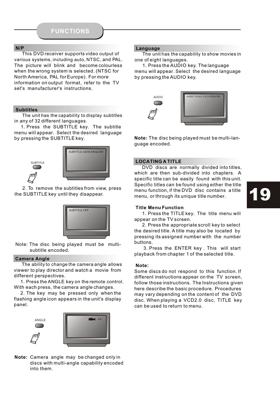 Т³гж 19, Functions | Curtis DVD6019-B User Manual | Page 19 / 31