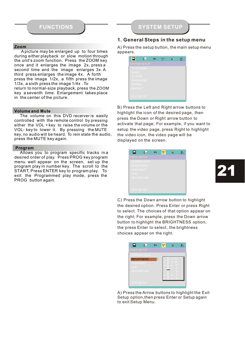 Т³гж 21, System setup functions, General steps in the setup menu | Curtis DVD6019-B User Manual | Page 21 / 31