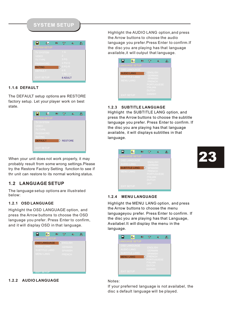Т³гж 23, System setup, 2 language setup | Curtis DVD6019-B User Manual | Page 23 / 31