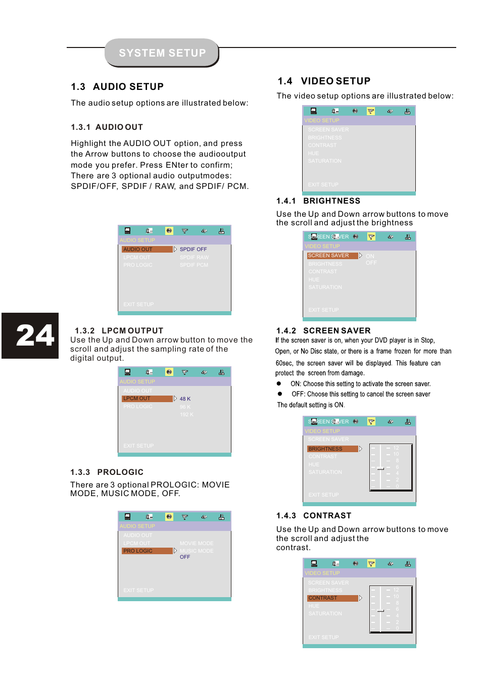 Т³гж 24, System setup, 4 video setup | 3 audio setup, The video setup options are illustrated below, 2 screen saver | Curtis DVD6019-B User Manual | Page 24 / 31