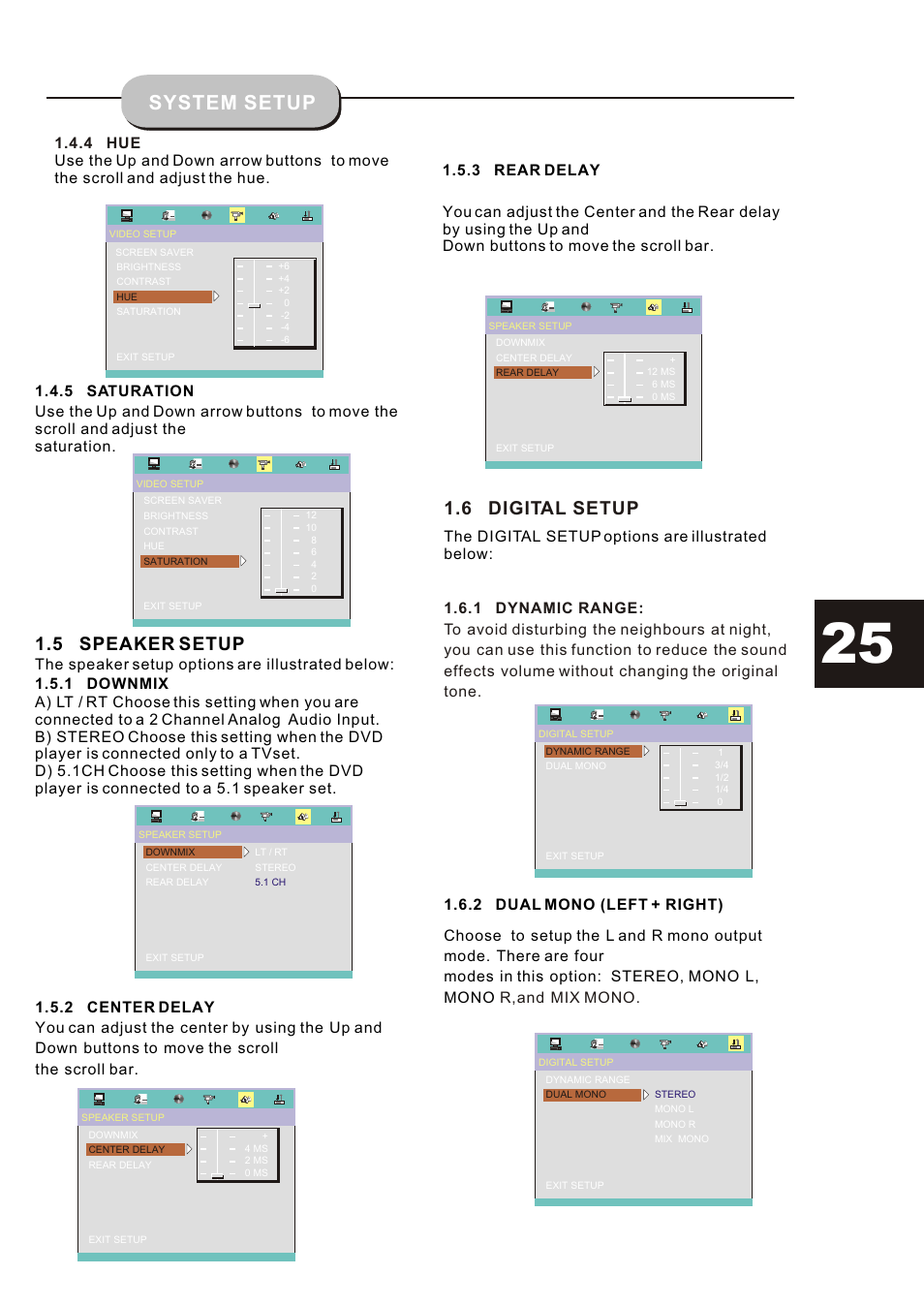 Т³гж 25, System setup, 5 speaker setup | 6 digital setup | Curtis DVD6019-B User Manual | Page 25 / 31
