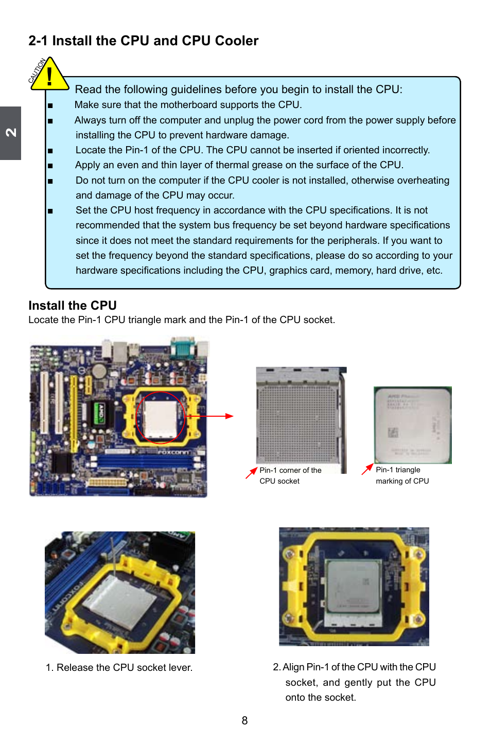 1 install the cpu and cpu cooler, Install the cpu | Foxconn A74ML Series User Manual | Page 15 / 105