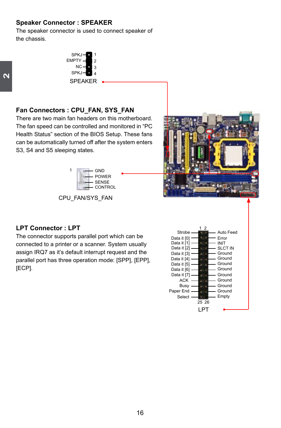 16 speaker connector : speaker, Fan connectors : cpu_fan, sys_fan, Lpt connector : lpt | Cpu_fan/sys_fan, Speaker | Foxconn A74ML Series User Manual | Page 23 / 105