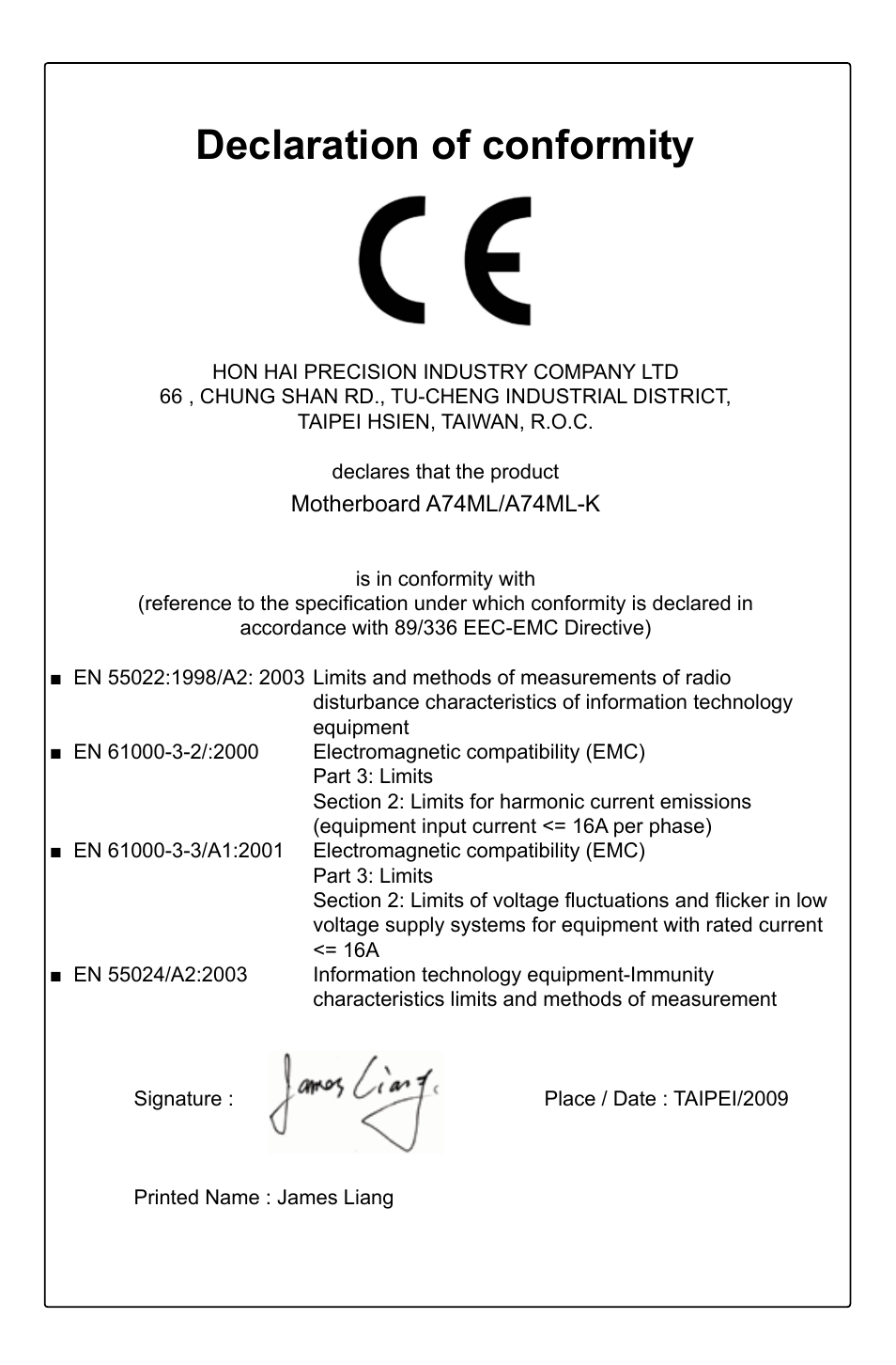 Declaration of conformity | Foxconn A74ML Series User Manual | Page 3 / 105