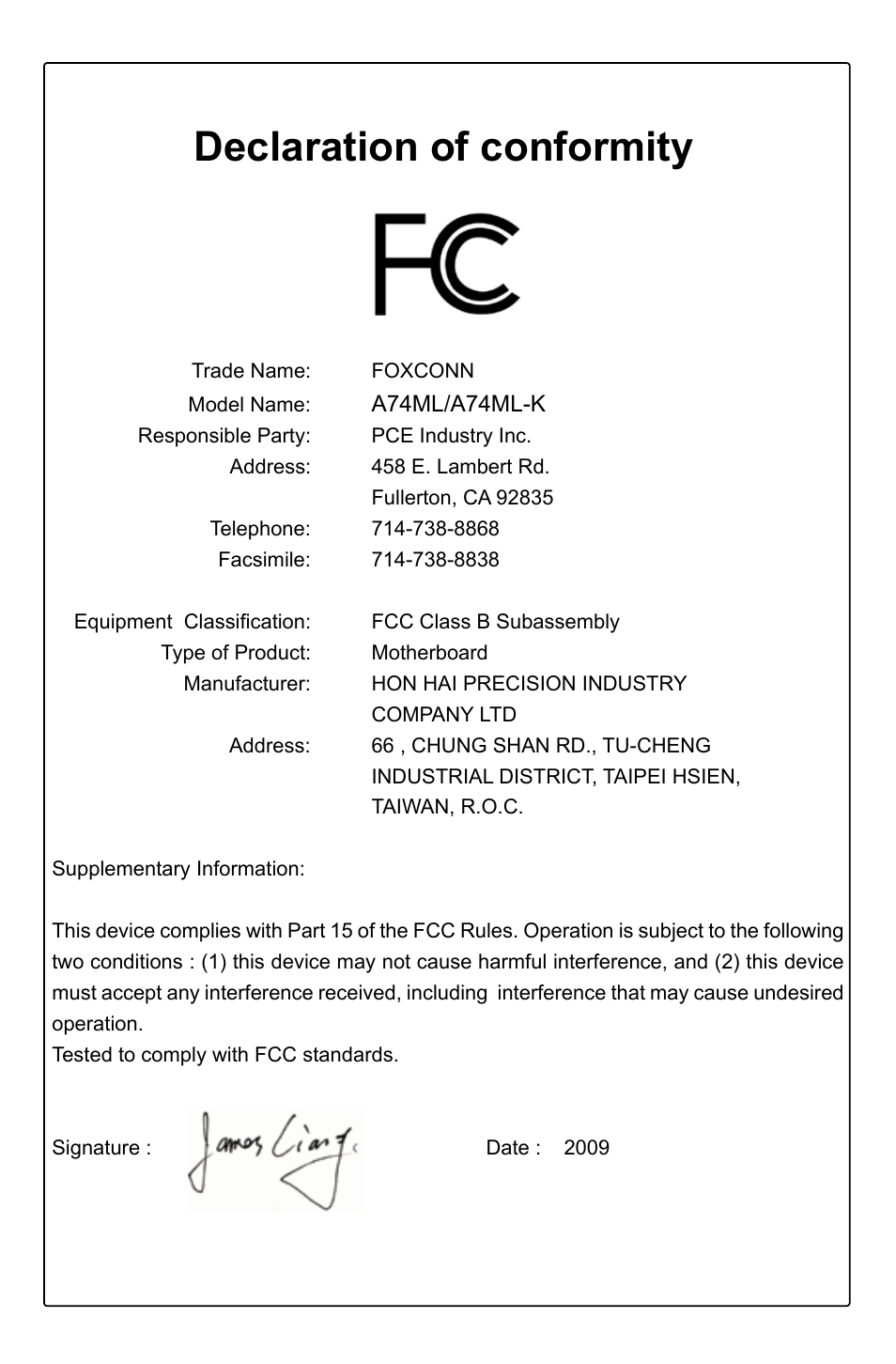 Declaration of conformity | Foxconn A74ML Series User Manual | Page 4 / 105
