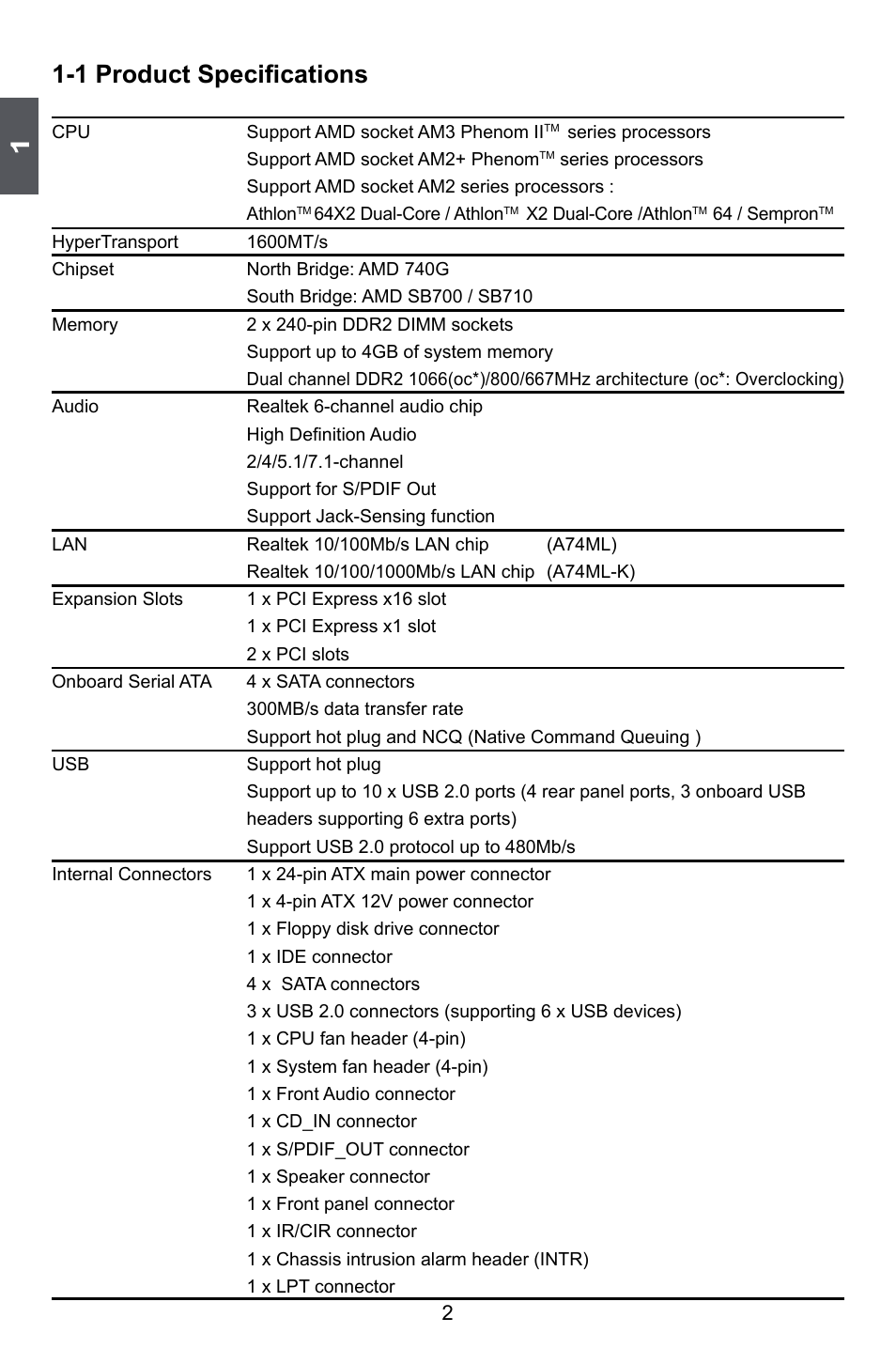 1 product specifications | Foxconn A74ML Series User Manual | Page 9 / 105