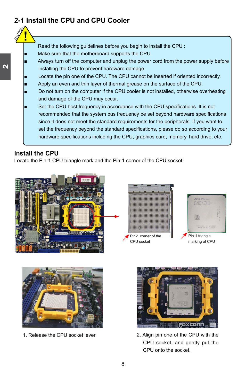 1 install the cpu and cpu cooler, Install the cpu | Foxconn A76ML Series User Manual | Page 15 / 105