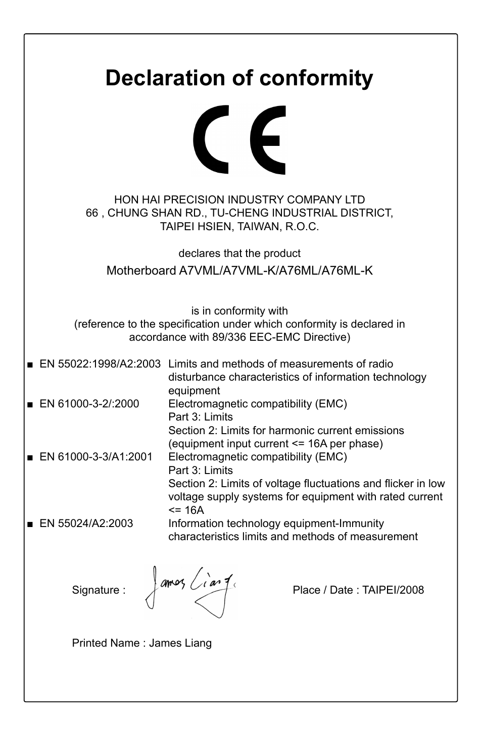 Declaration of conformity | Foxconn A76ML Series User Manual | Page 3 / 105