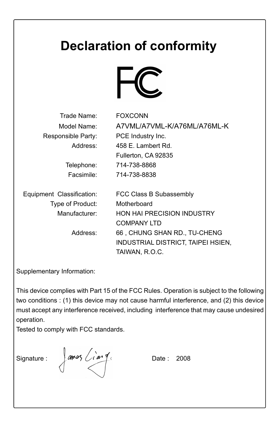 Declaration of conformity | Foxconn A76ML Series User Manual | Page 4 / 105
