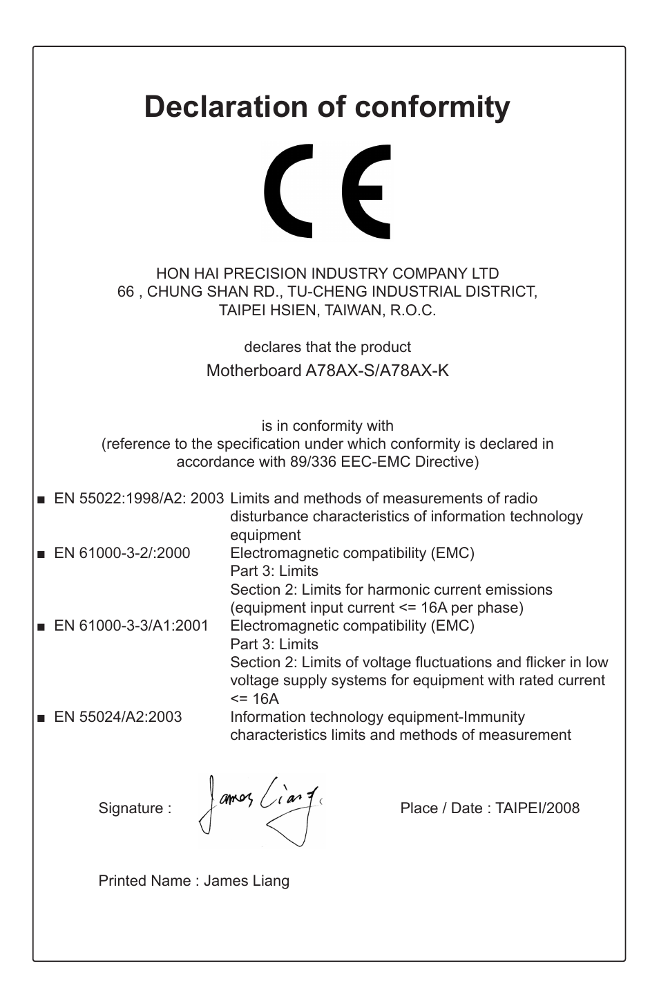 Declaration of conformity | Foxconn A78AX-K User Manual | Page 3 / 106
