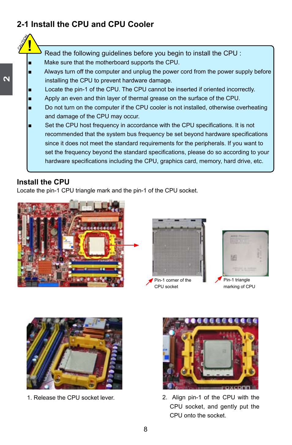 1 install the cpu and cpu cooler, Install the cpu | Foxconn A79A-S User Manual | Page 15 / 115