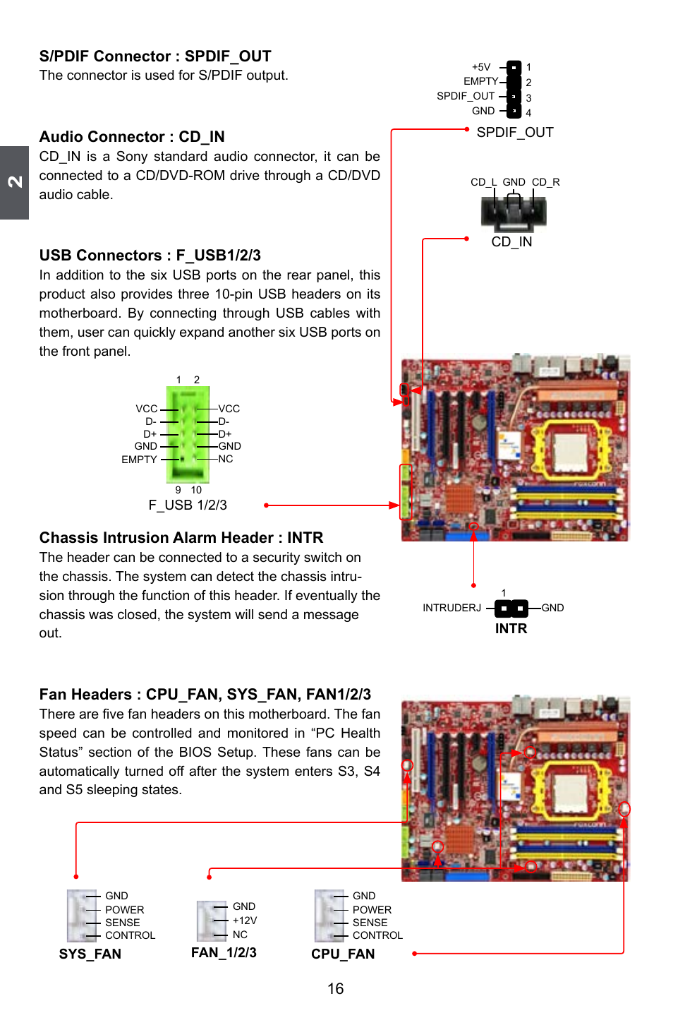 16 s/pdif connector : spdif_out, Audio connector : cd_in, Usb connectors : f_usb1/2/3 | Chassis intrusion alarm header : intr, Fan headers : cpu_fan, sys_fan, fan1/2/3 | Foxconn A79A-S User Manual | Page 23 / 115