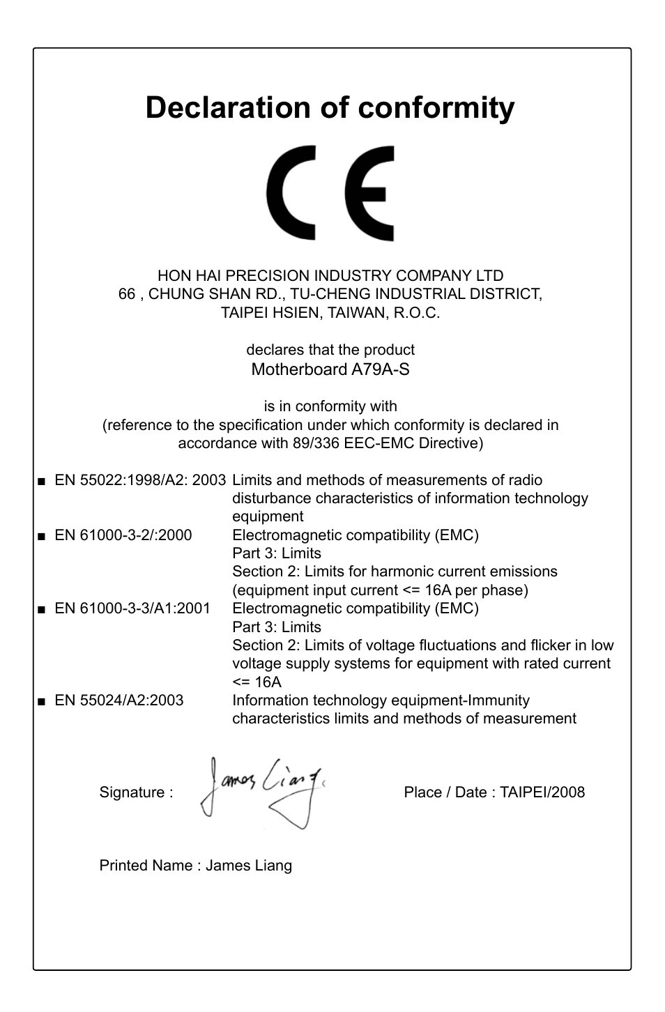 Declaration of conformity | Foxconn A79A-S User Manual | Page 3 / 115