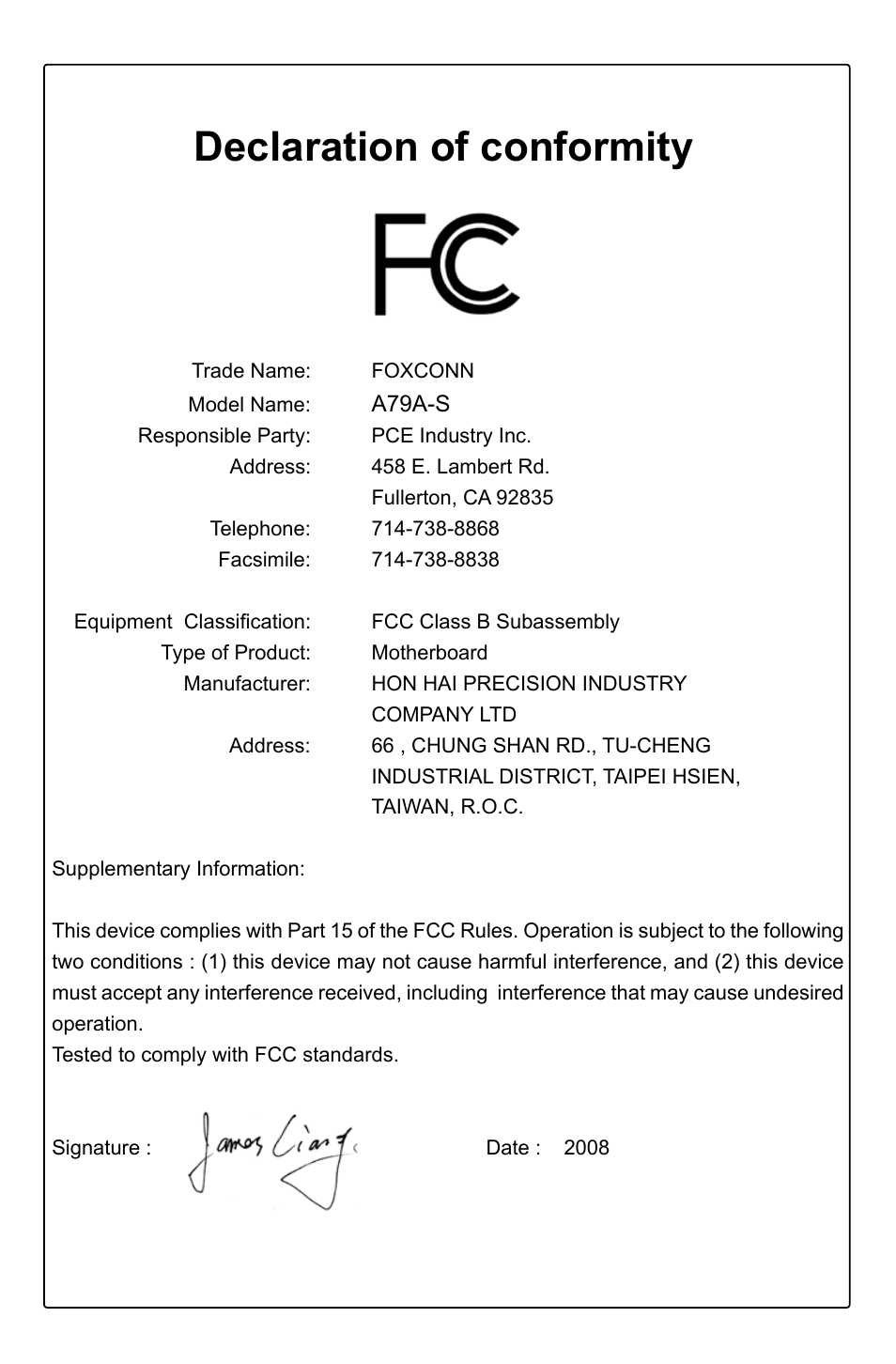 Declaration of conformity | Foxconn A79A-S User Manual | Page 4 / 115