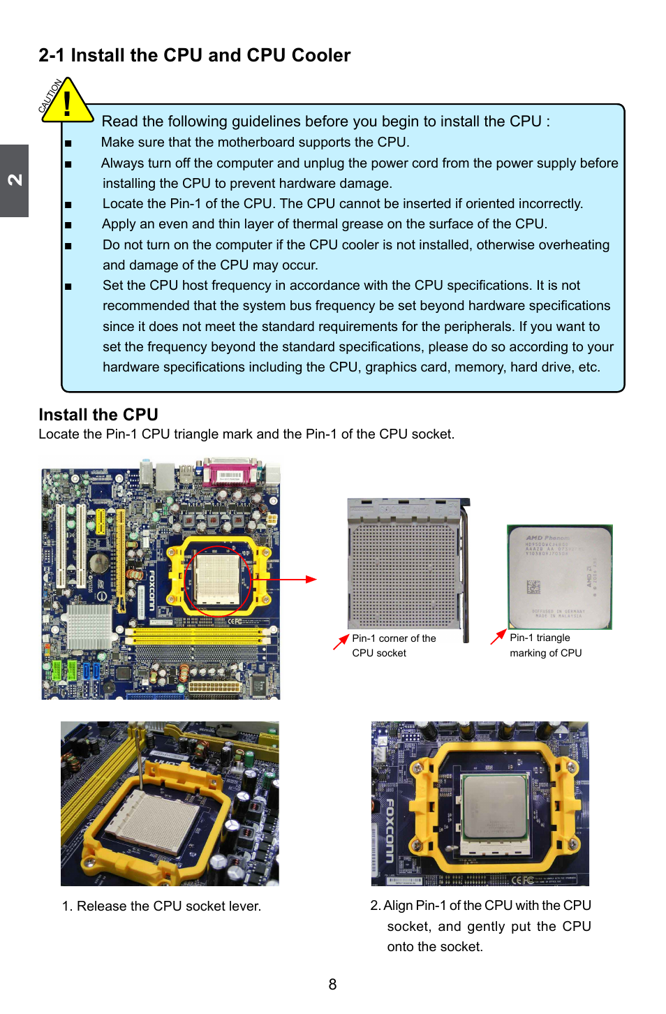 1 install the cpu and cpu cooler, Install the cpu | Foxconn M61PMX User Manual | Page 15 / 92