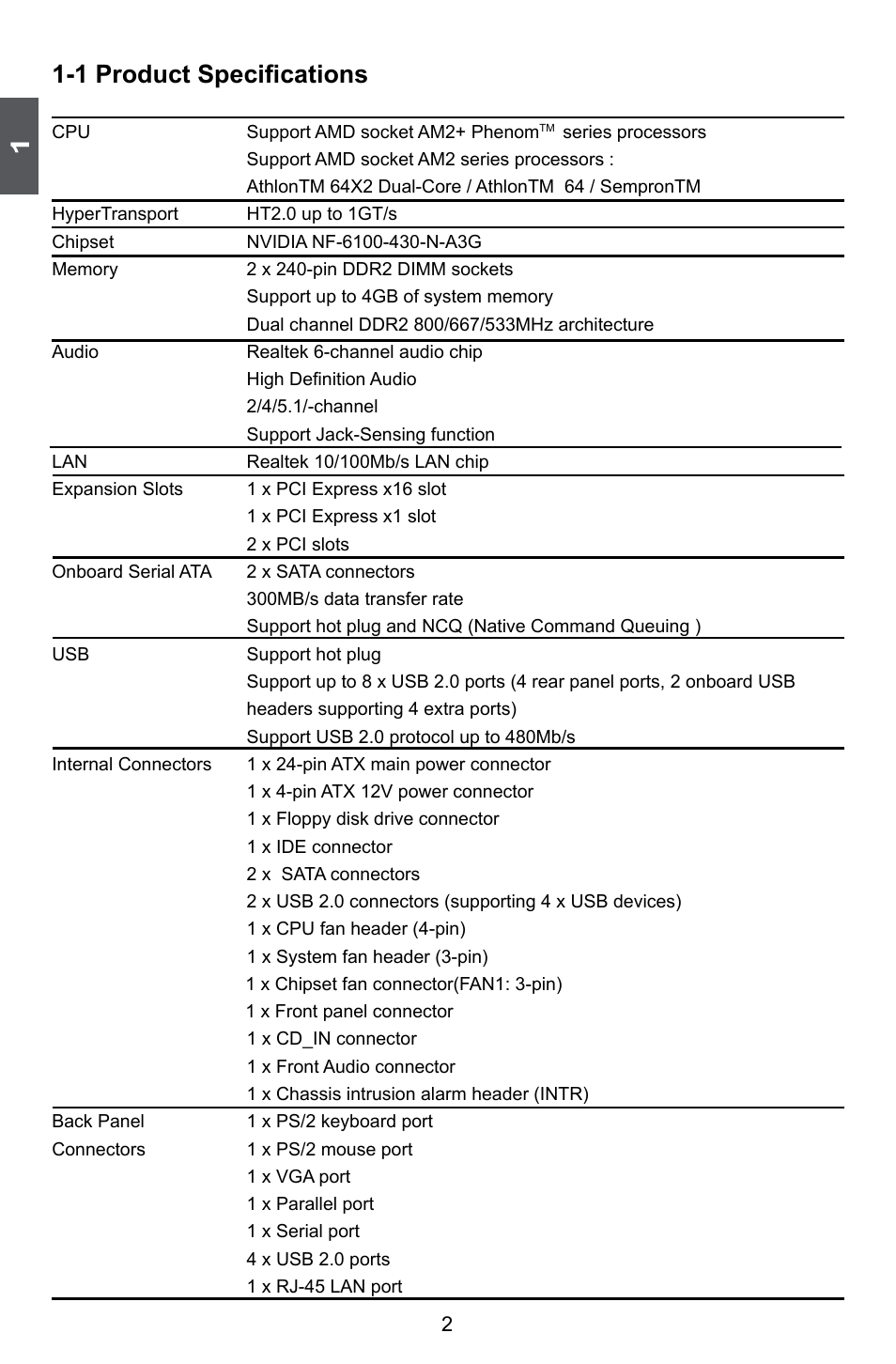 1 product specifications | Foxconn M61PMX User Manual | Page 9 / 92