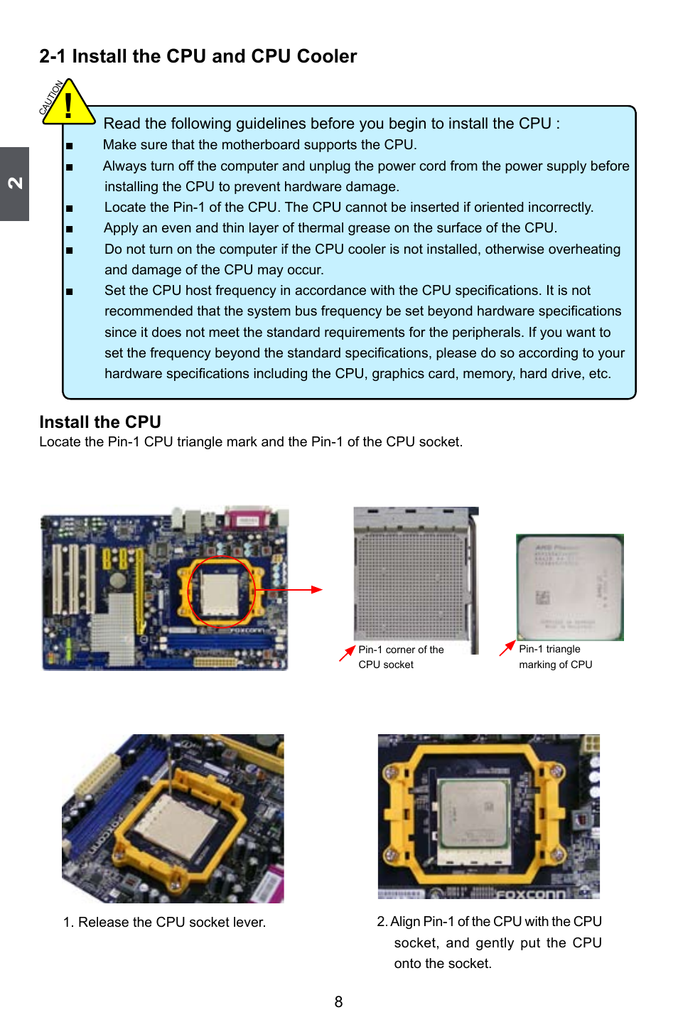 1 install the cpu and cpu cooler, Install the cpu | Foxconn 720AL User Manual | Page 15 / 110