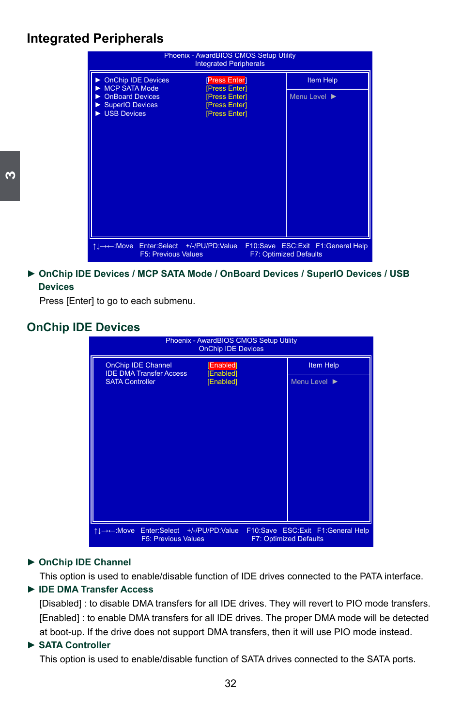 Integrated peripherals, Onchip ide devices | Foxconn 720AL User Manual | Page 39 / 110