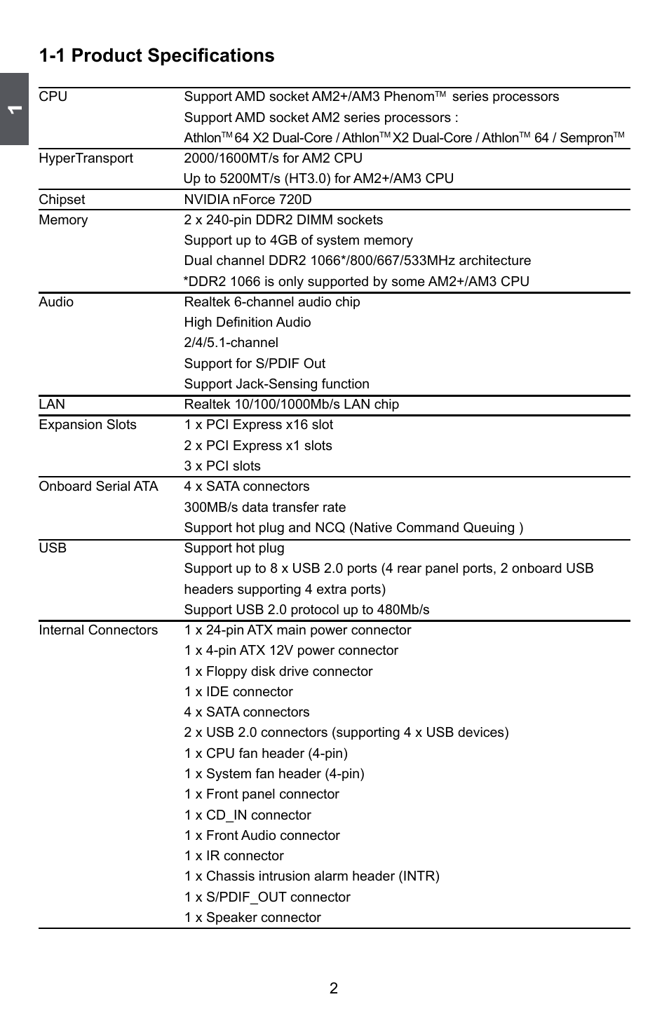1 product specifications | Foxconn 720AL User Manual | Page 9 / 110