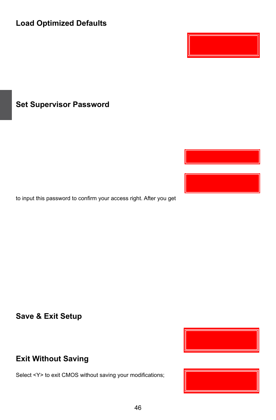 Load optimized defaults, Set supervisor password, Set user password | Save & exit setup, Exit without saving | Foxconn Destroyer User Manual | Page 53 / 113