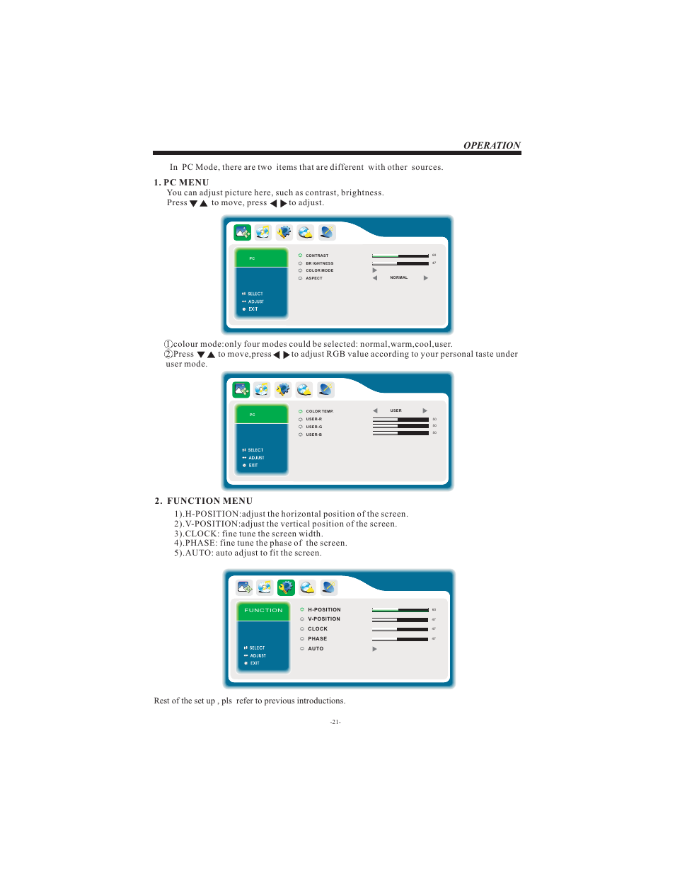 Operation, Pc menu, Function menu | Curtis LCD3213 User Manual | Page 22 / 25