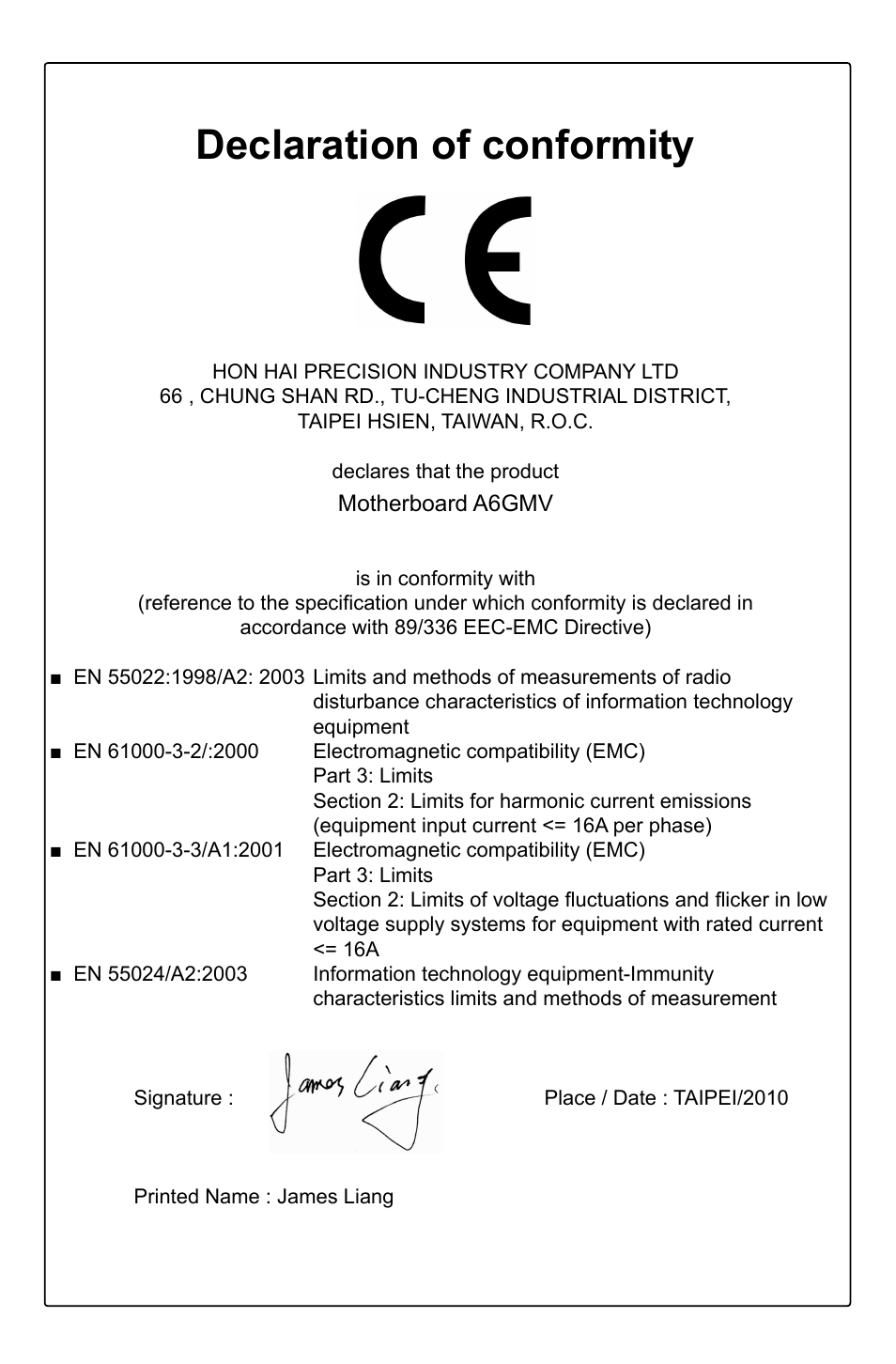 Declaration of conformity | Foxconn A6GMV User Manual | Page 3 / 76