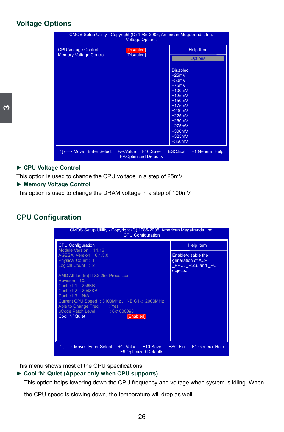 Voltage options, Cpu configuration | Foxconn A6GMV User Manual | Page 33 / 76