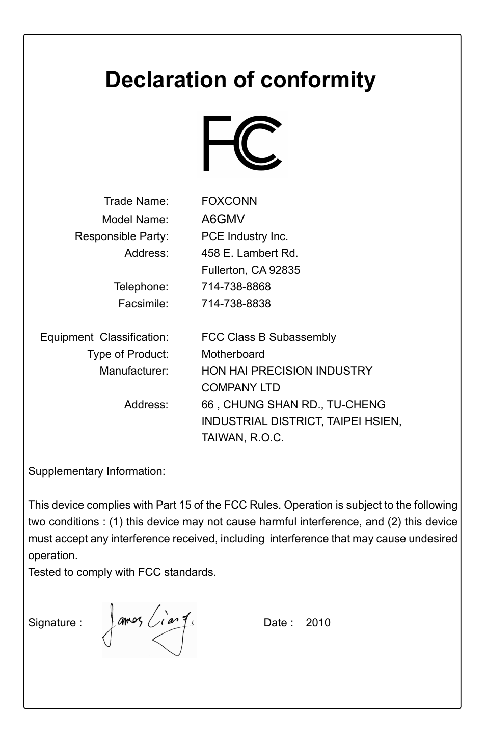 Declaration of conformity | Foxconn A6GMV User Manual | Page 4 / 76