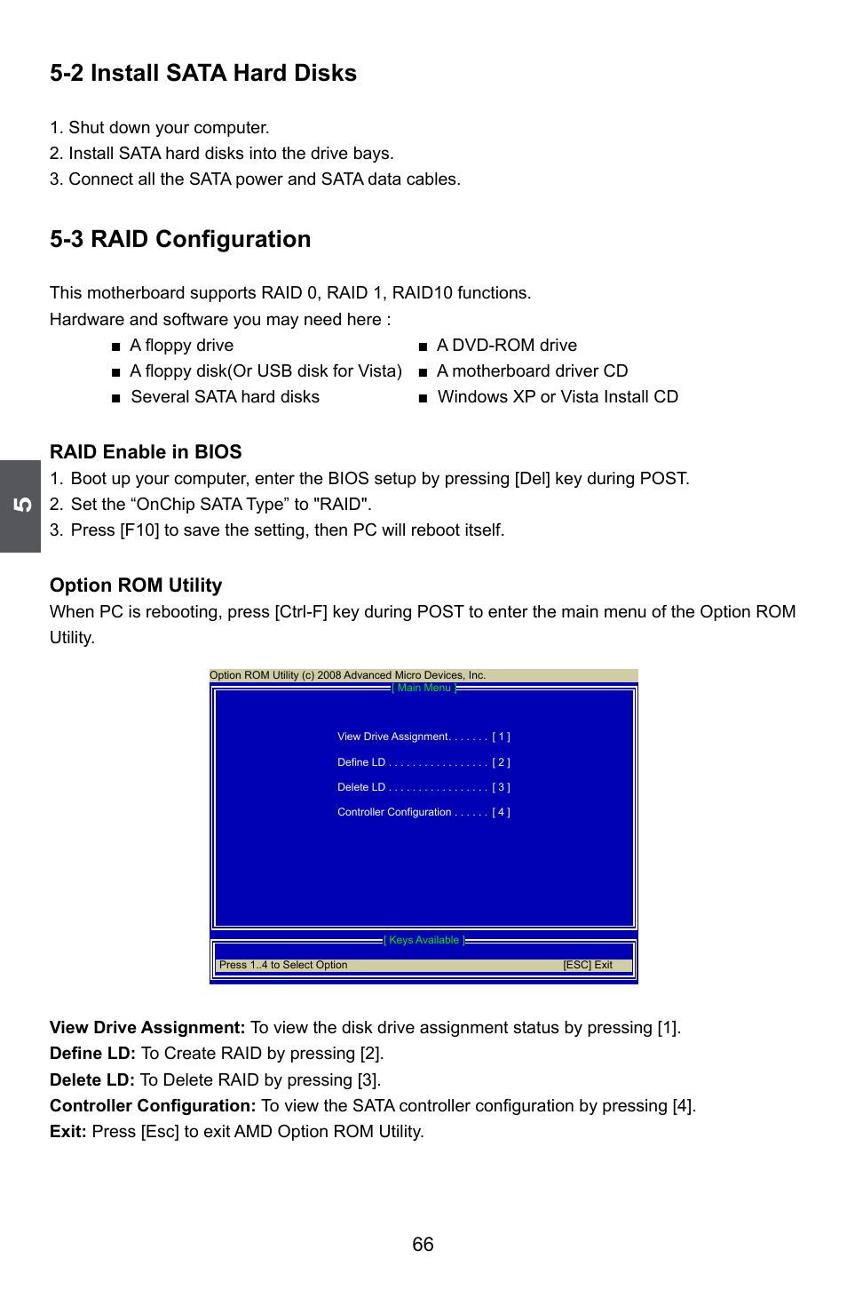 2 install sata hard disks, 3 raid configuration, Raid enable in bios | Option rom utility | Foxconn A6GMV User Manual | Page 73 / 76