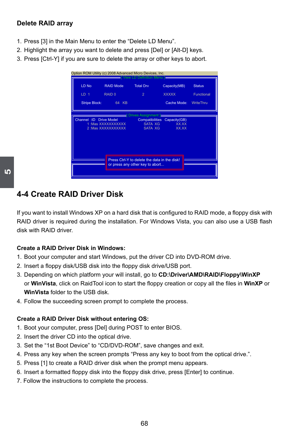 4 create raid driver disk, 68 delete raid array | Foxconn A6GMV User Manual | Page 75 / 76