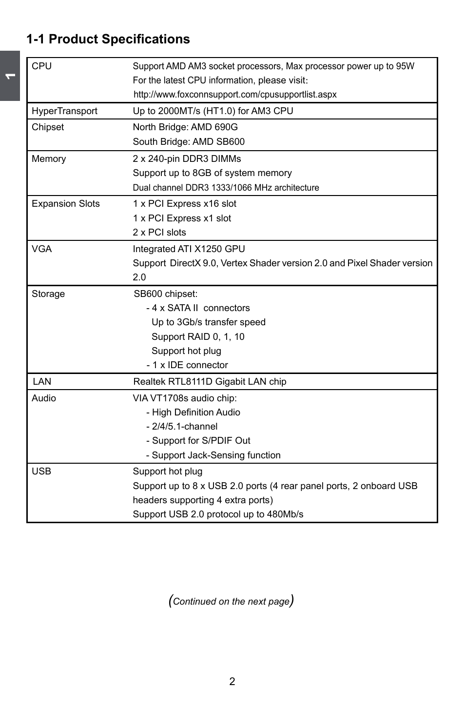 1 product specifications | Foxconn A6GMV User Manual | Page 9 / 76