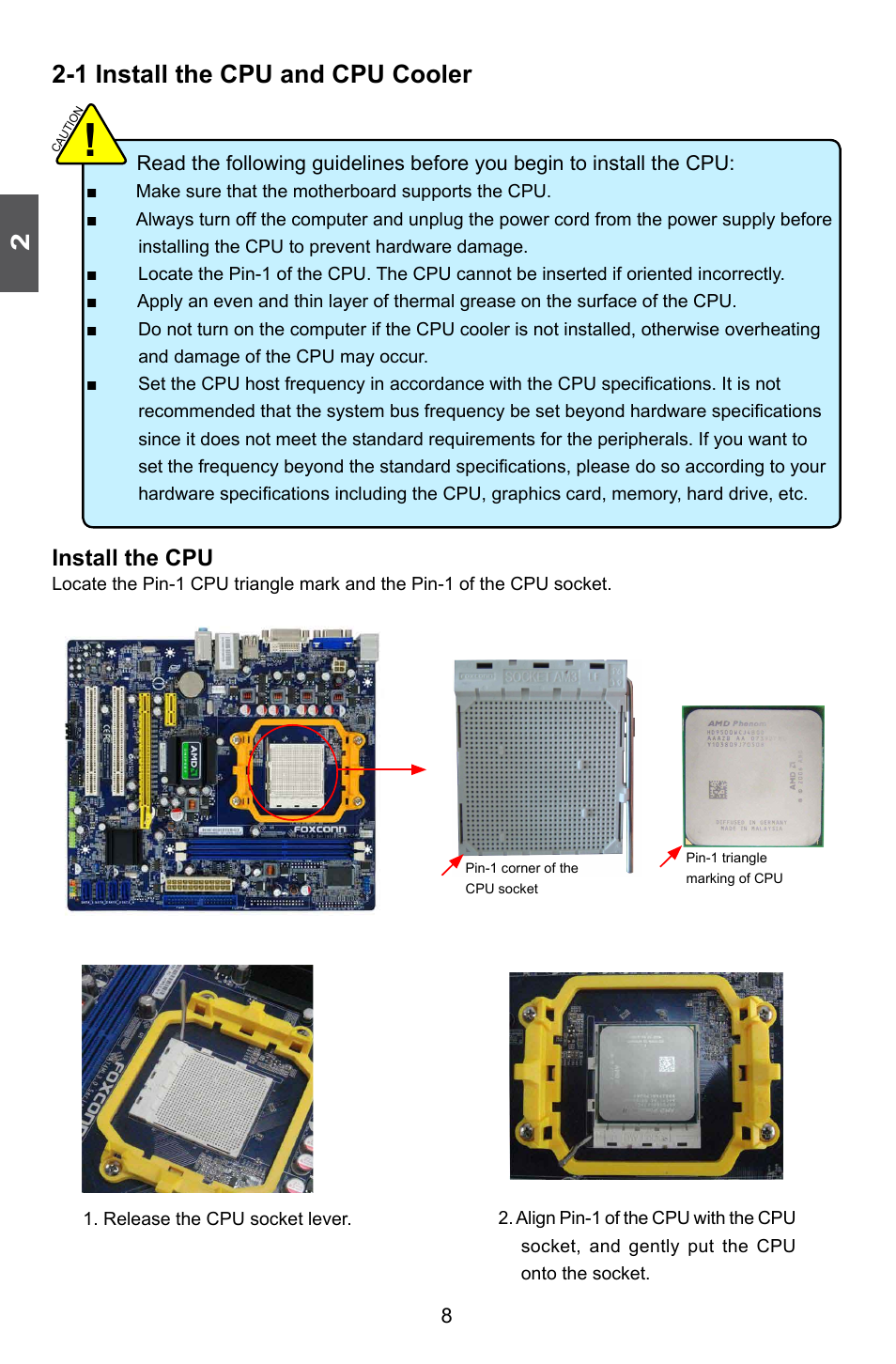 1 install the cpu and cpu cooler, Install the cpu | Foxconn A74ML 3.0 User Manual | Page 15 / 105