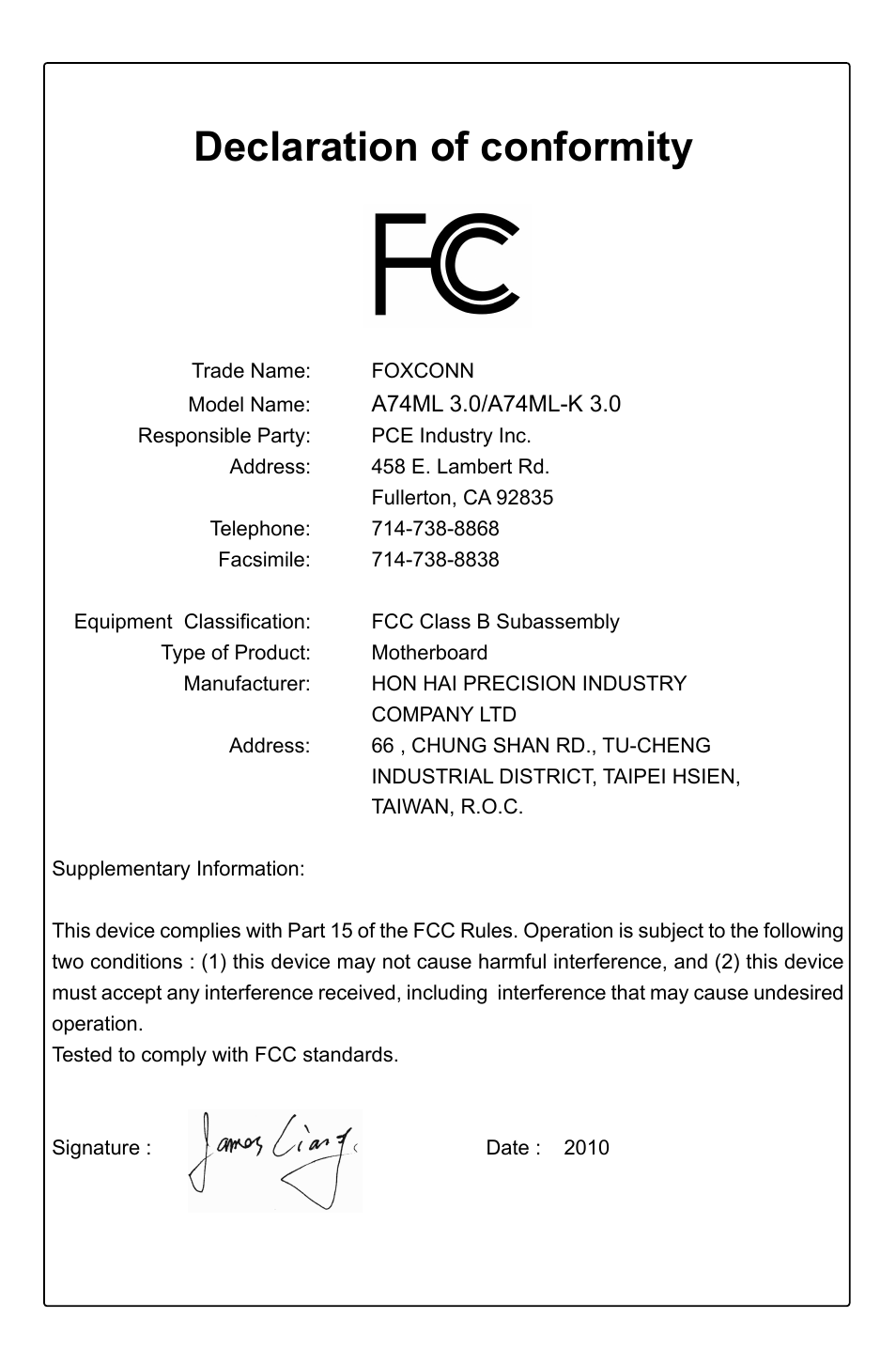 Declaration of conformity | Foxconn A74ML 3.0 User Manual | Page 4 / 105