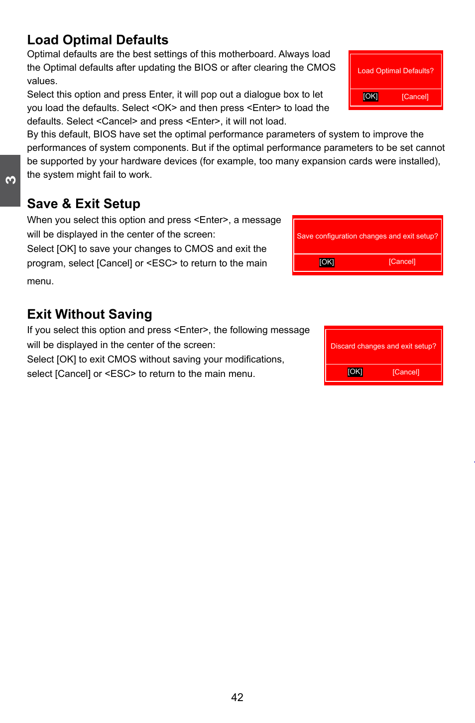 Load optimal defaults, Save & exit setup, Exit without saving | Foxconn A74ML 3.0 User Manual | Page 49 / 105