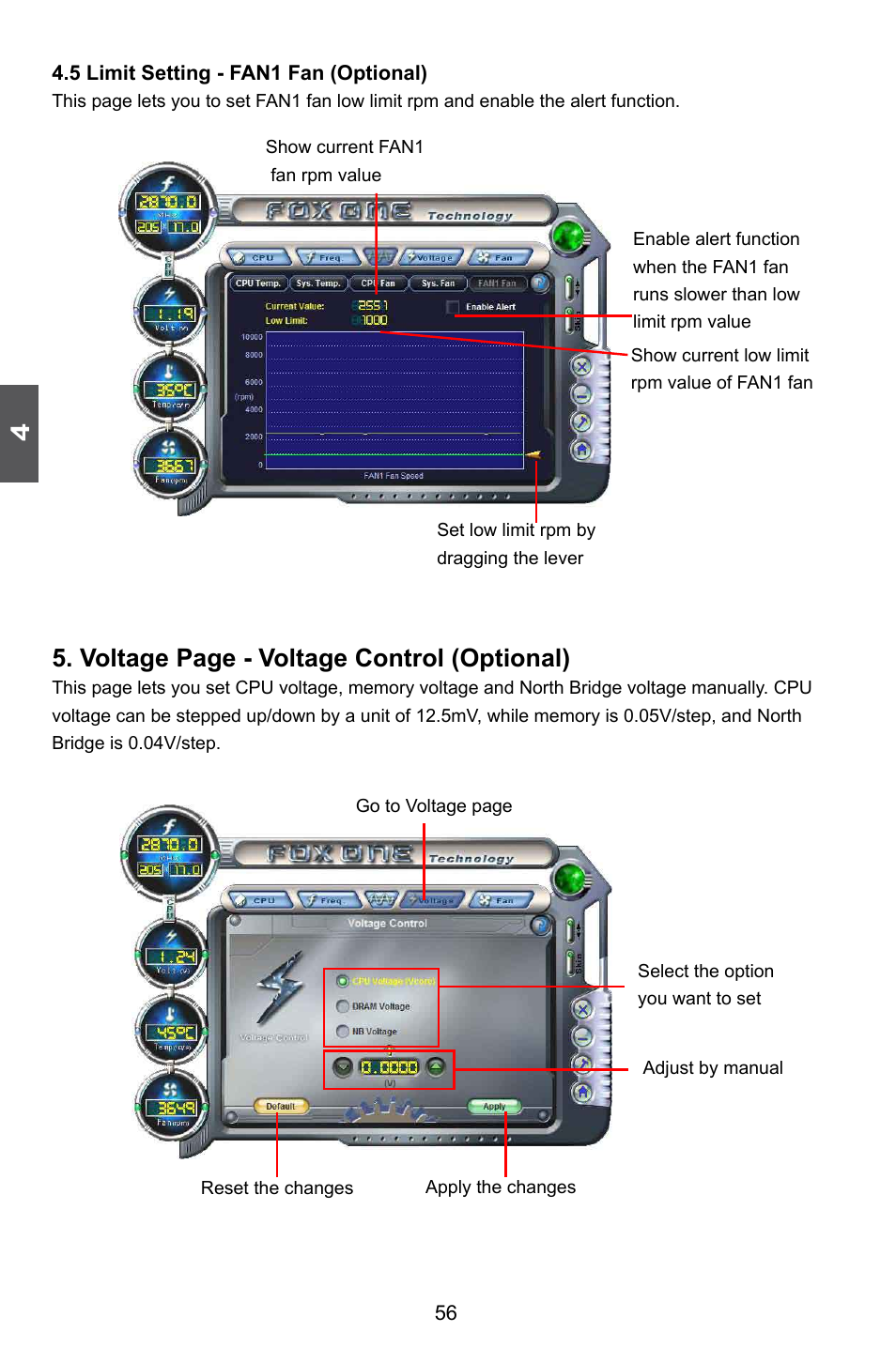 Voltage page - voltage control (optional) | Foxconn A74ML 3.0 User Manual | Page 63 / 105