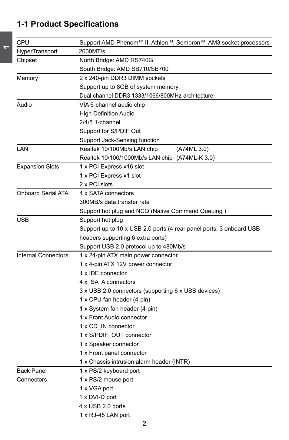 1 product specifications | Foxconn A74ML 3.0 User Manual | Page 9 / 105