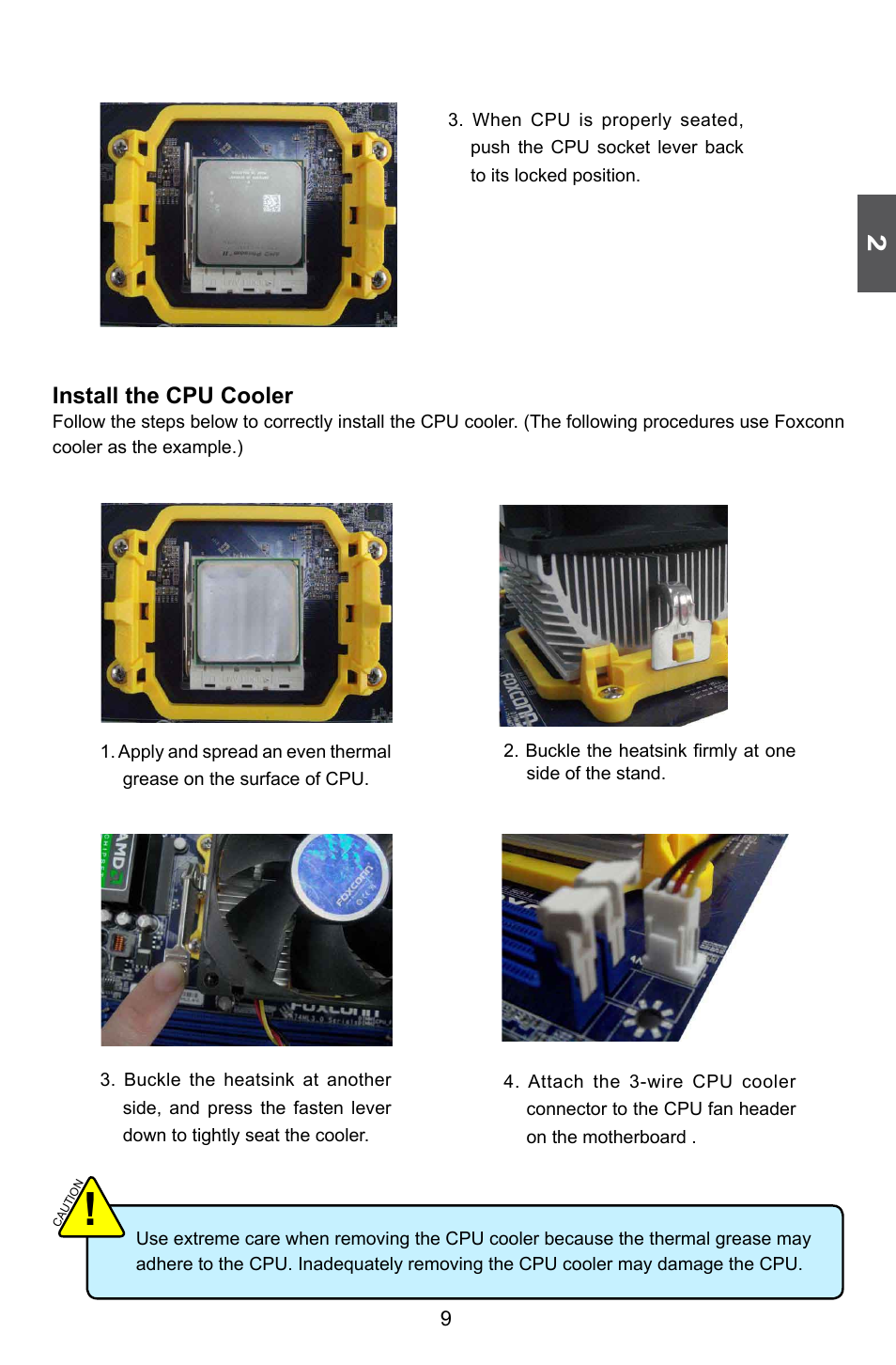 Install the cpu cooler | Foxconn A74ML-K 3.0 User Manual | Page 16 / 105