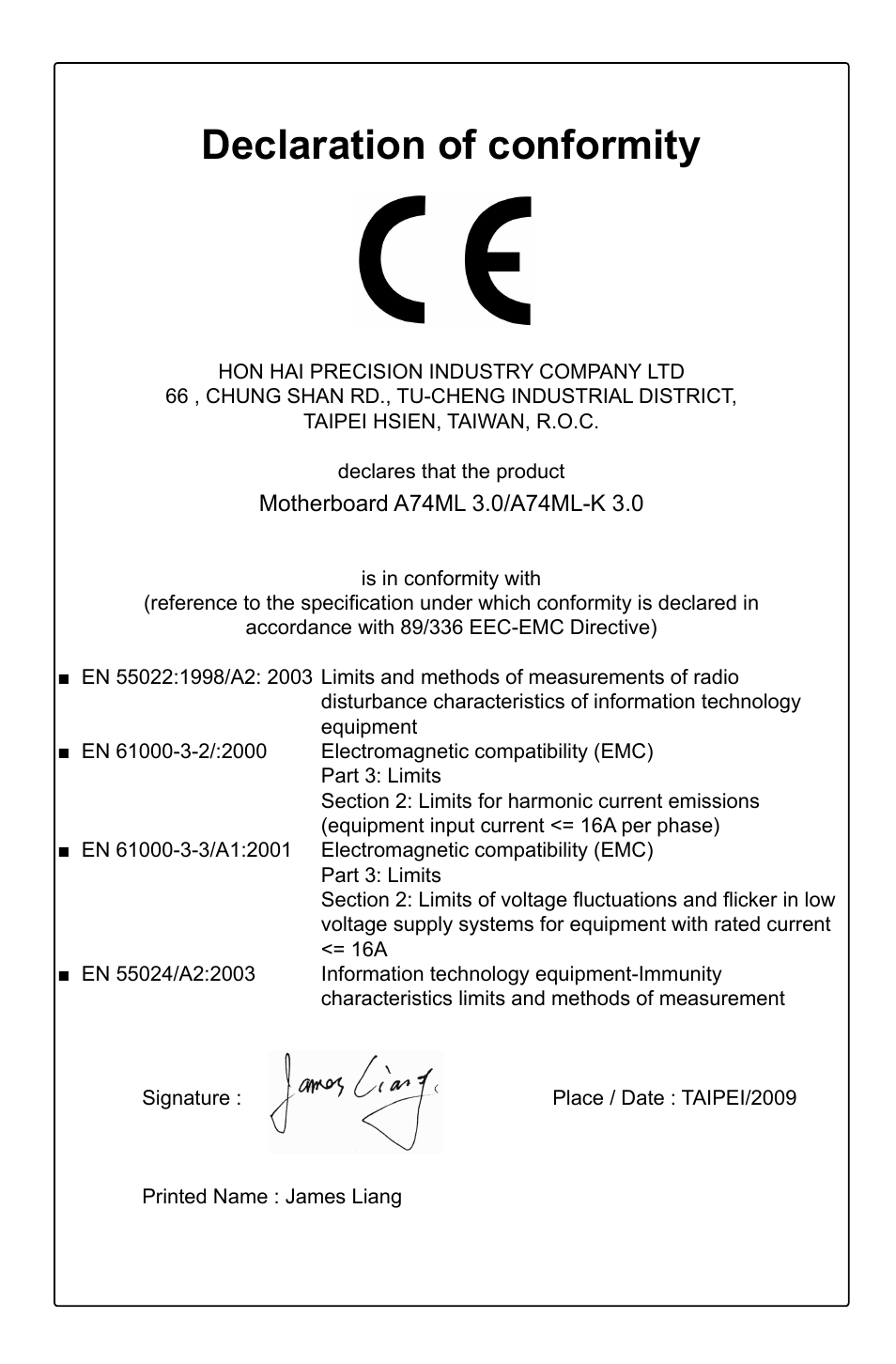 Declaration of conformity | Foxconn A74ML-K 3.0 User Manual | Page 3 / 105