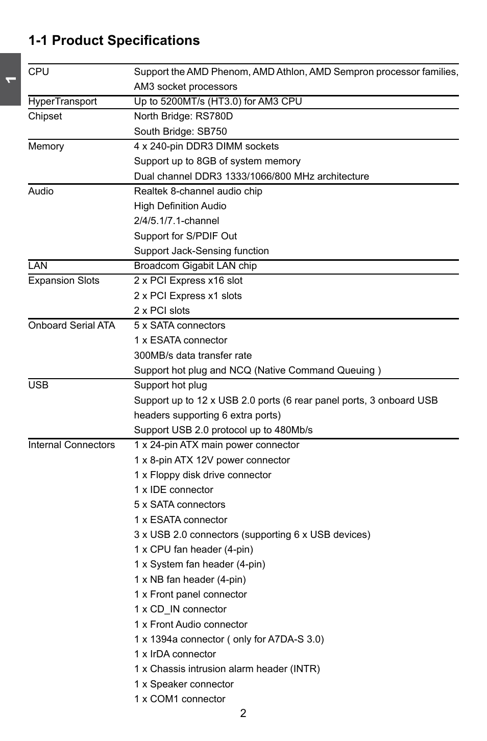 1 product specifications | Foxconn A7DA 3.0 User Manual | Page 9 / 112