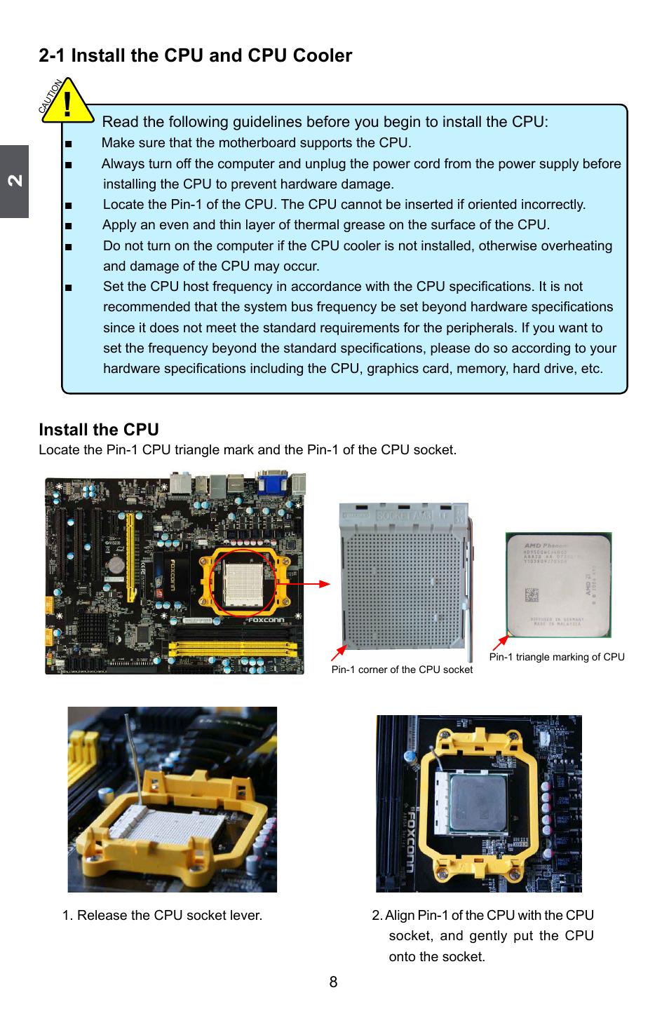 1 install the cpu and cpu cooler, Install the cpu | Foxconn A88GA User Manual | Page 15 / 54