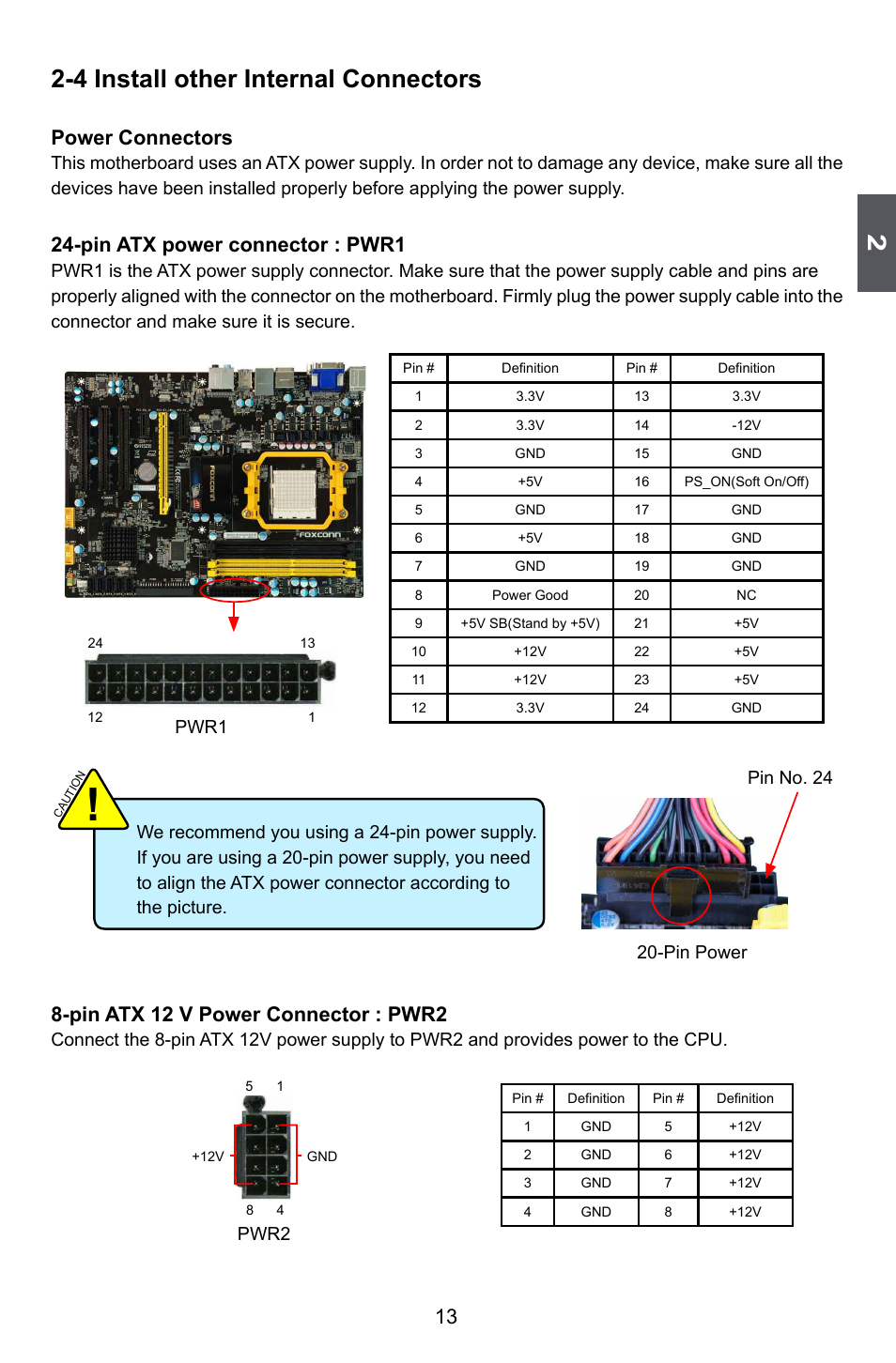 4 install other internal connectors, Power connectors, Pin atx power connector : pwr1 | Pin atx 12 v power connector : pwr2, Pin power pin no. 24, Pwr2, Pwr1 | Foxconn A88GA User Manual | Page 20 / 54
