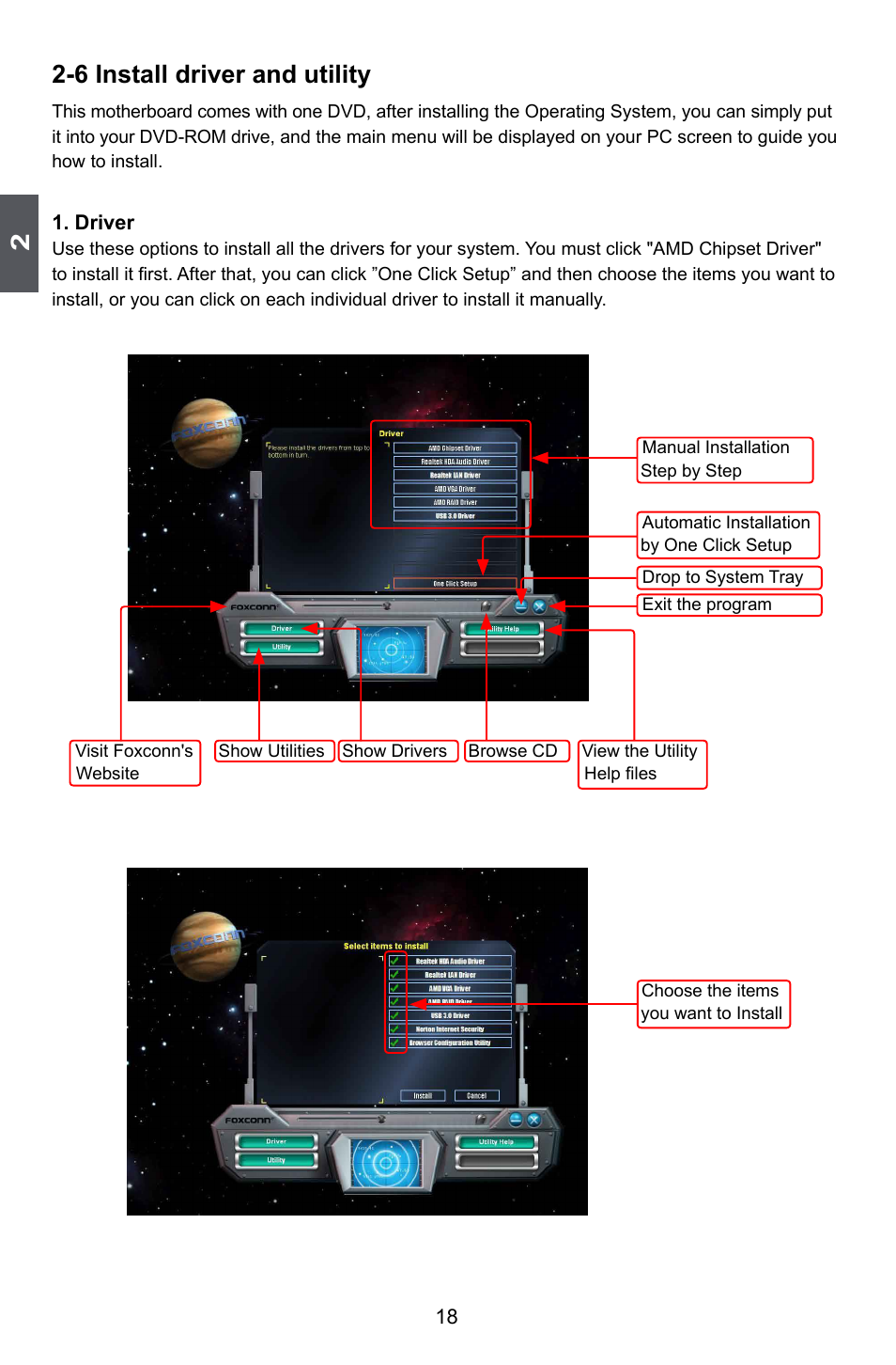 6 install driver and utility | Foxconn A88GA User Manual | Page 25 / 54