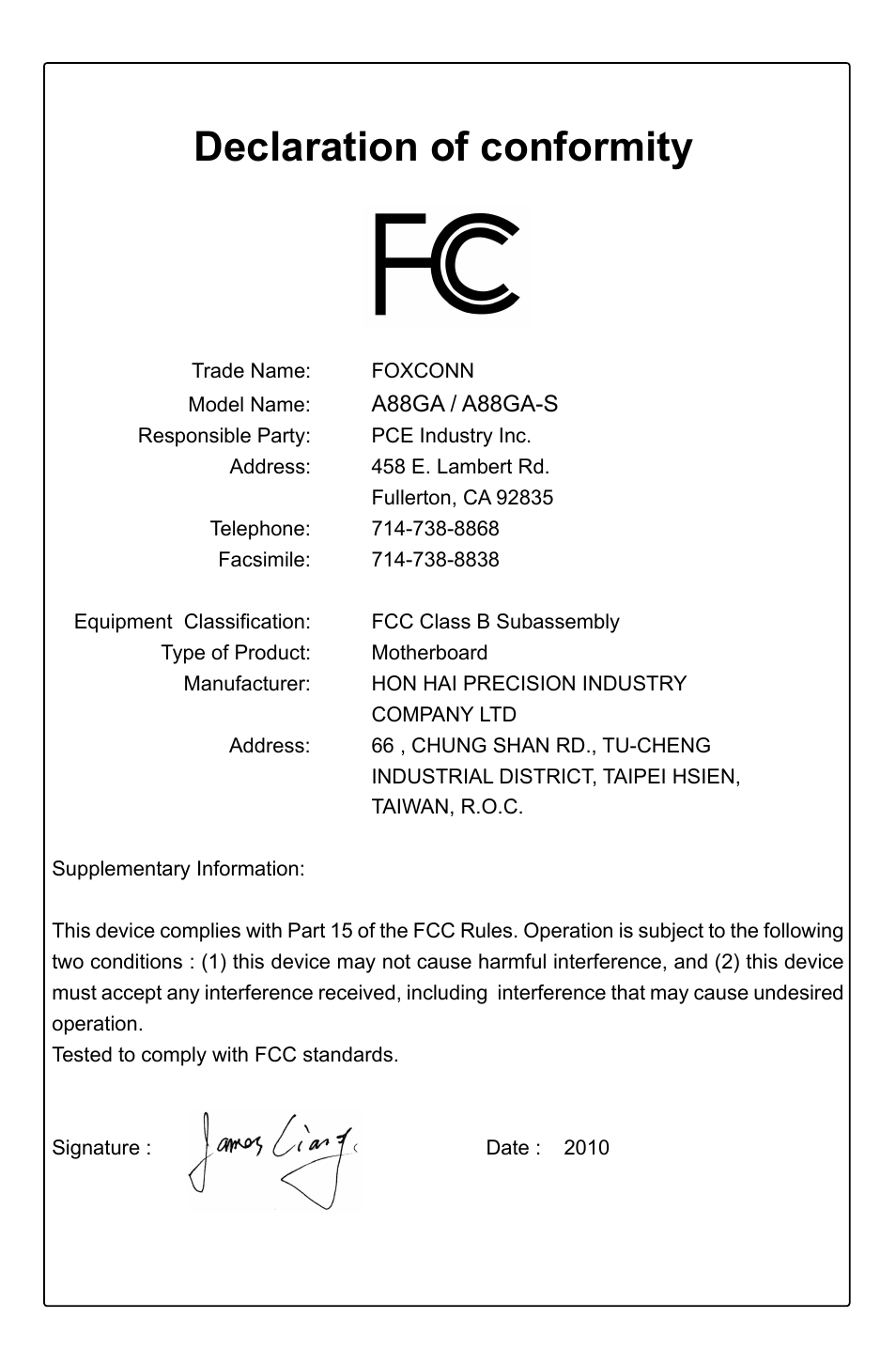 Declaration of conformity | Foxconn A88GA User Manual | Page 4 / 54