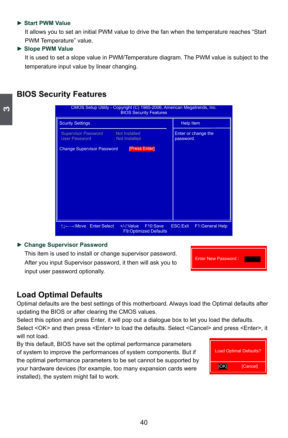 Bios security features, Load optimal defaults | Foxconn A88GA User Manual | Page 47 / 54