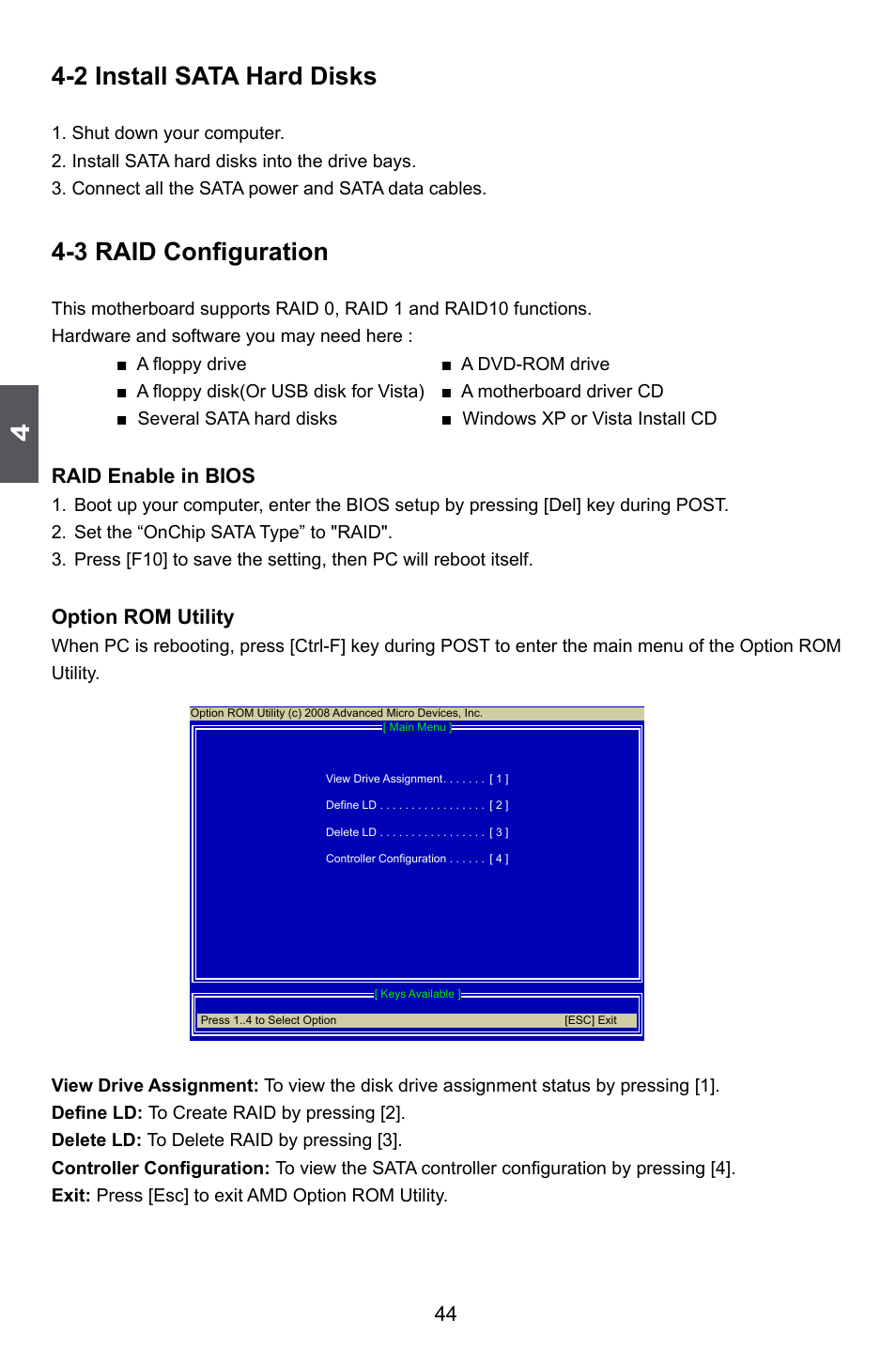 2 install sata hard disks, 3 raid configuration, Raid enable in bios | Option rom utility | Foxconn A88GA User Manual | Page 51 / 54