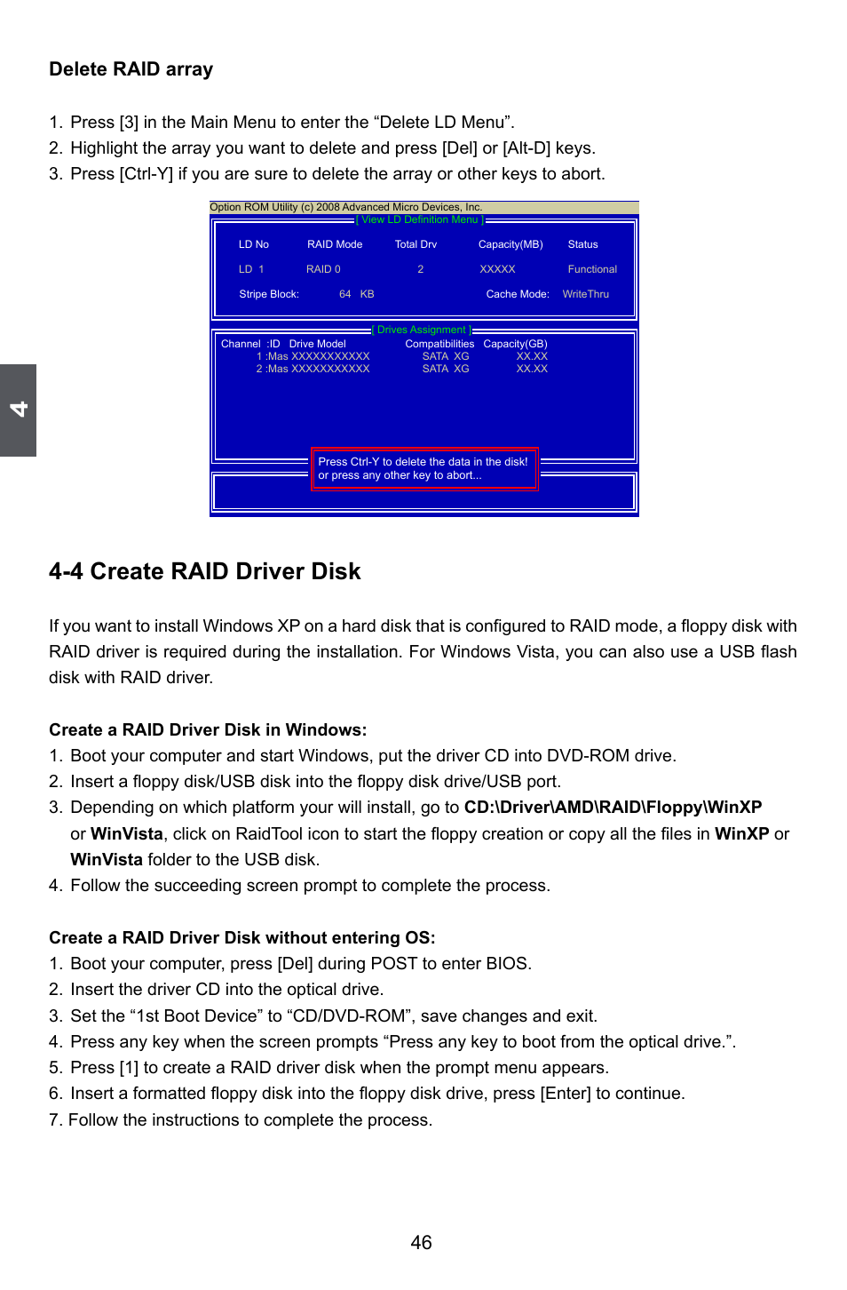 4 create raid driver disk, 46 delete raid array | Foxconn A88GA User Manual | Page 53 / 54